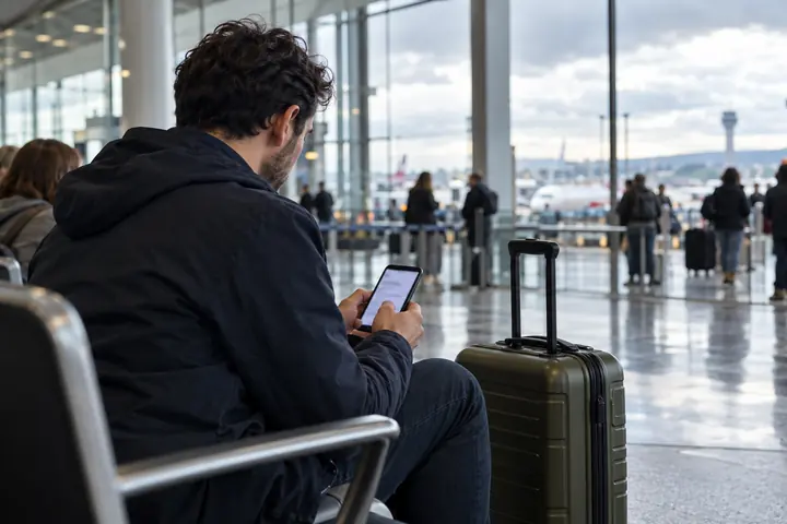 Traveller checking a phone beside a suitcase in a public airport waiting area; representative AI-generated image.