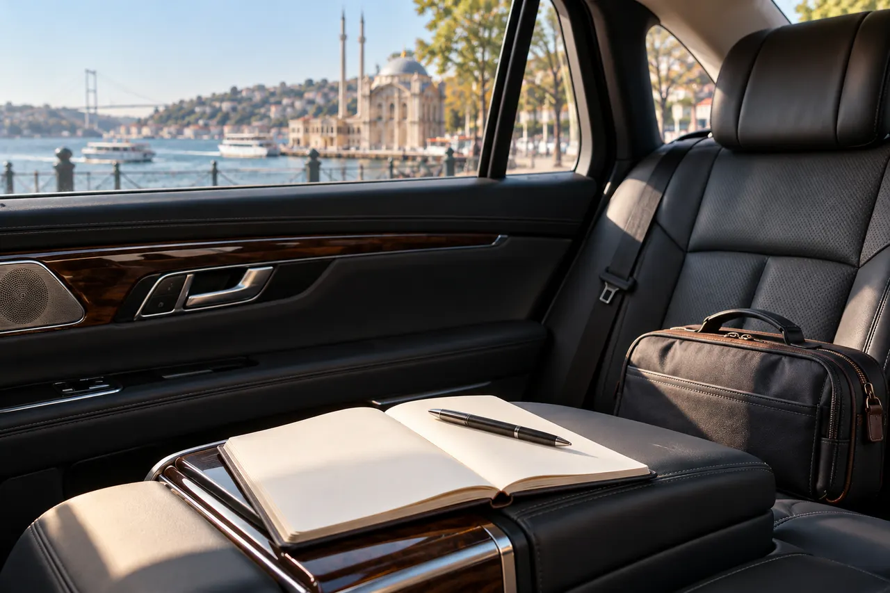 Blank day planner and small bag on a premium passenger seat overlooking an illustrative Istanbul waterfront