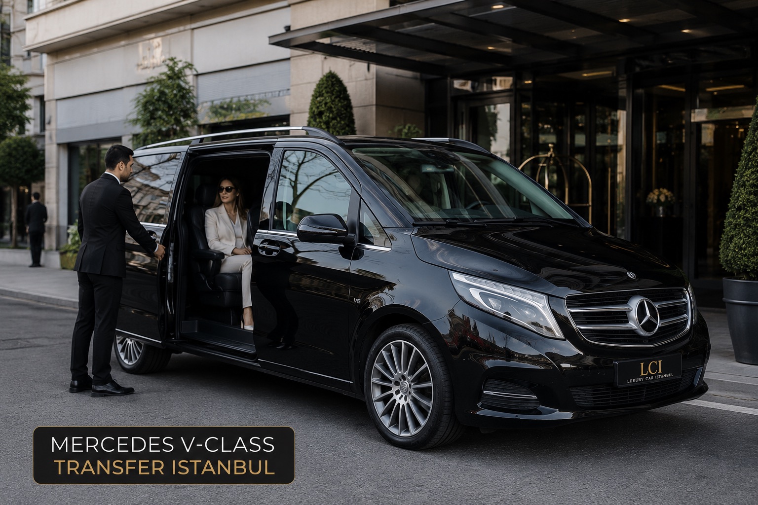 Mercedes V-Class luxury transfer Istanbul — chauffeur opening door for a VIP passenger outside a luxury hotel