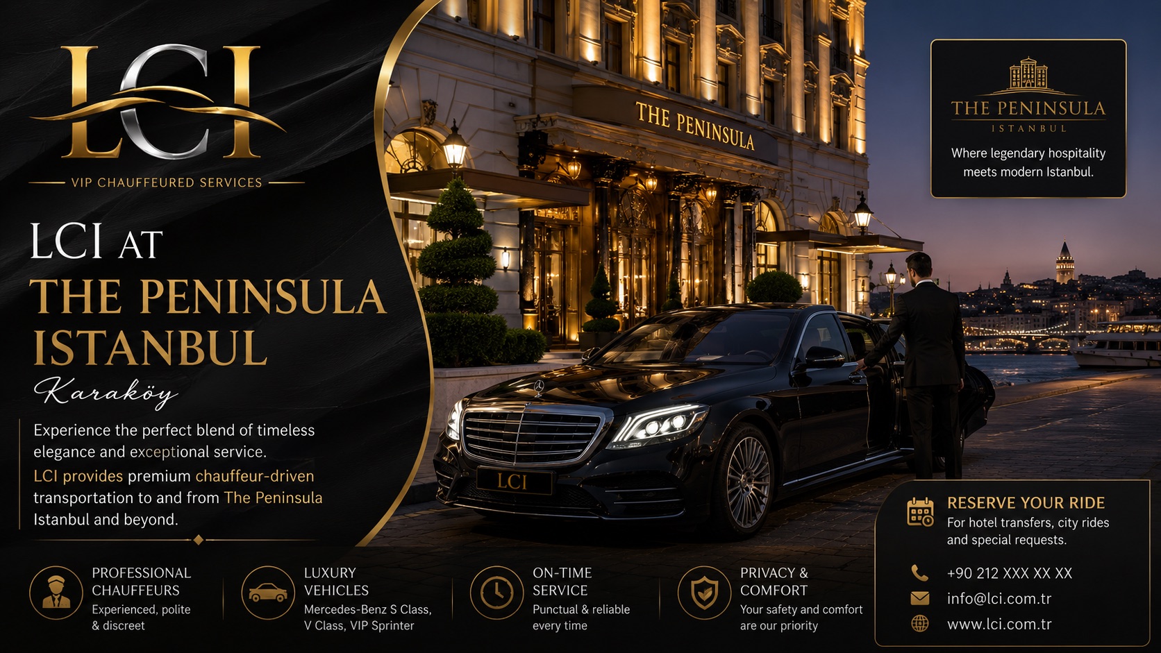 LCI luxury Mercedes S-Class chauffeur at The Peninsula Istanbul Karaköy — VIP airport transfer and private driver service
