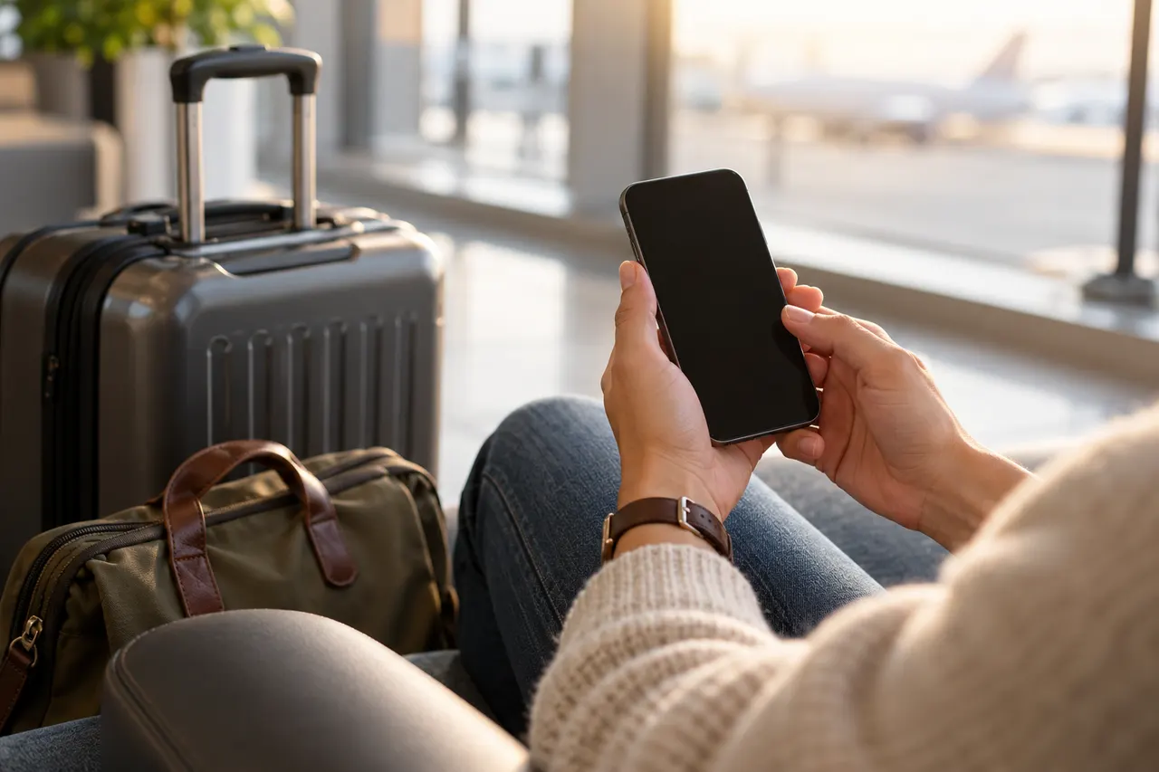 Traveller holding a phone beside a suitcase and a small travel bag