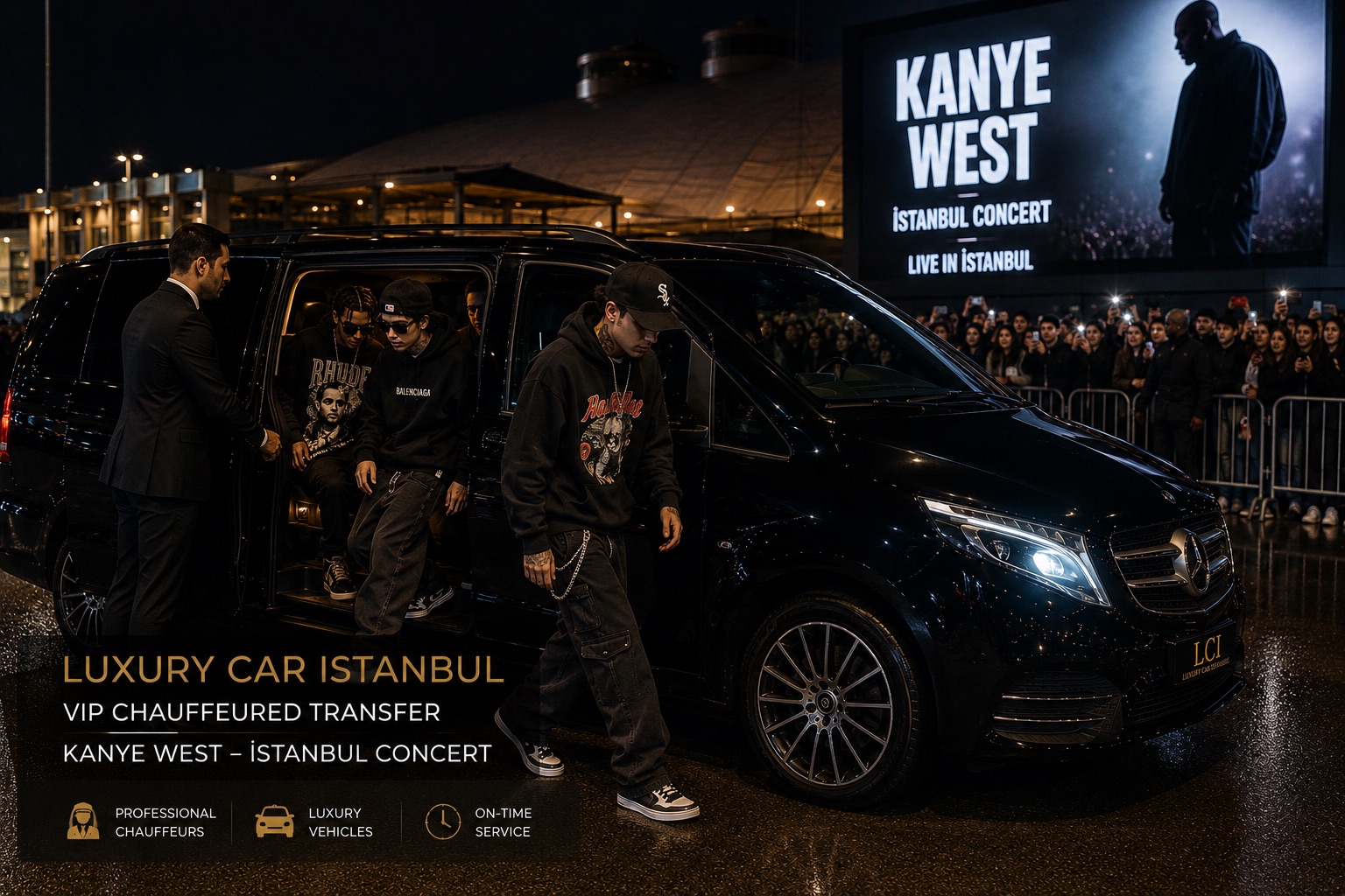 LCI Mercedes V-Class VIP chauffeured transfer at Kanye West Istanbul concert — luxury event transportation